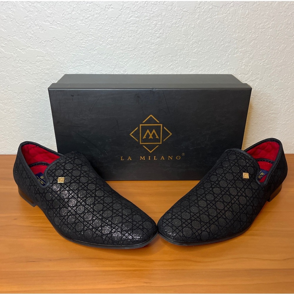 La Milano Emerson Mens Black Glitter Lattice Dress Loafers Red Bottoms 10.5